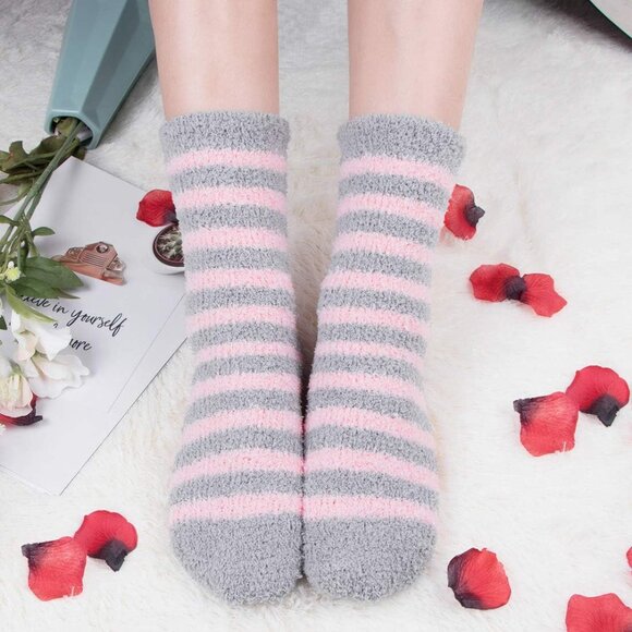 Plush Slipper Socks Women Colorful Warm Fuzzy Crew Socks Cozy Soft Pink Grey - Picture 4 of 7
